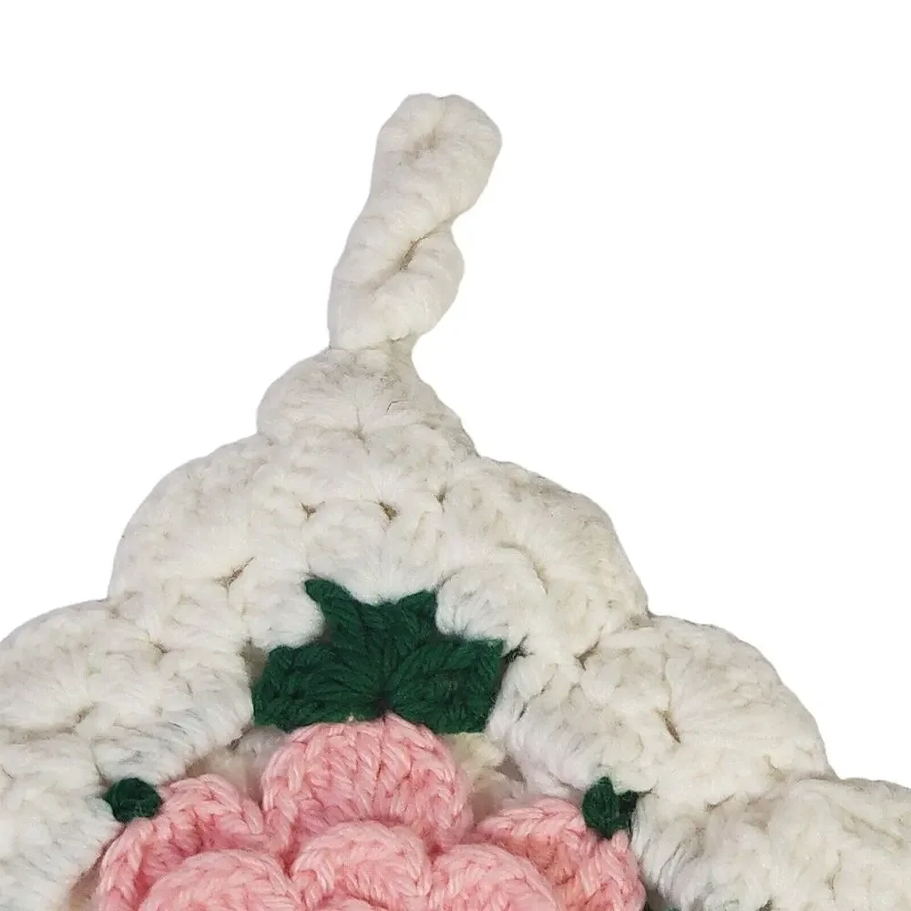 VTG Handmade Crochet 3D Pink Flower Pot holder Trivet Hot Pad Kitchen Decor